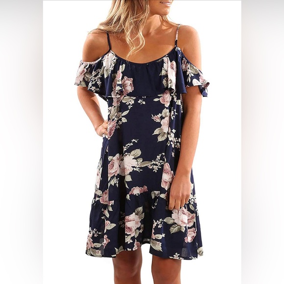 Navy Floral Off-Shoulder Dress - Picture 1 of 4